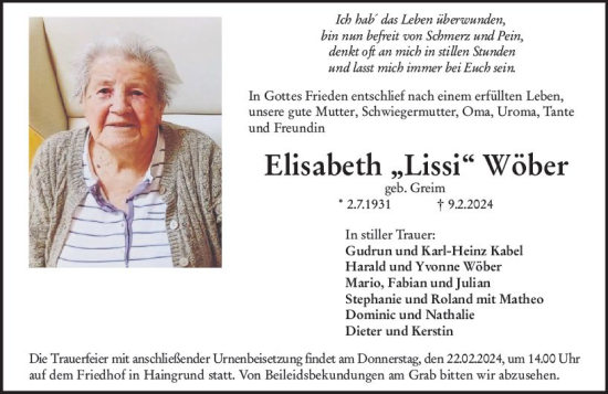 Traueranzeige von Elisabeth Wöber von Odenwälder Echo
