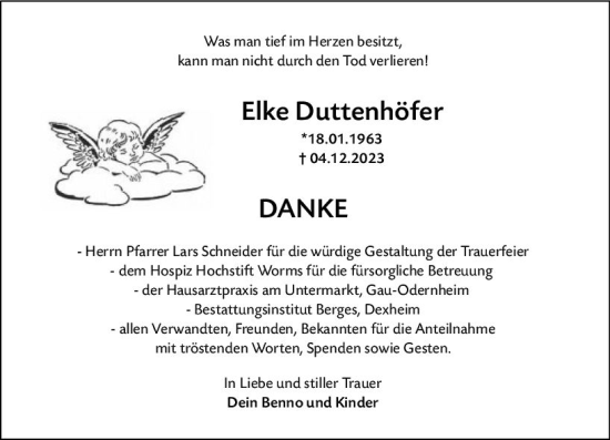 Traueranzeige von Elke Duttenhöfer von Allgemeine Zeitung Mainz