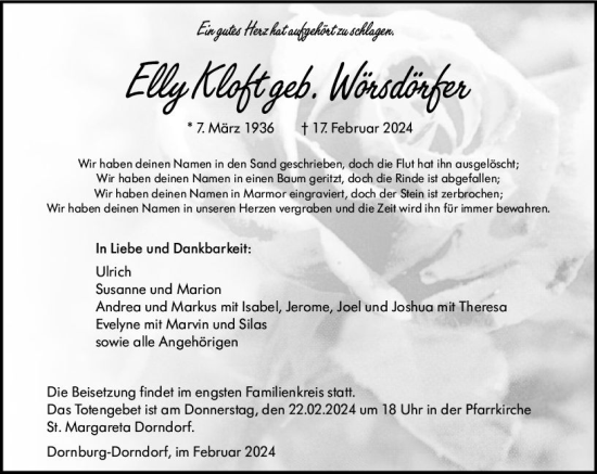 Traueranzeige von Elly Kloft von Nassauische Neue Presse