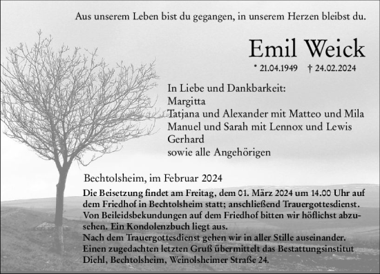 Traueranzeige von Emil Weick von Allgemeine Zeitung Alzey