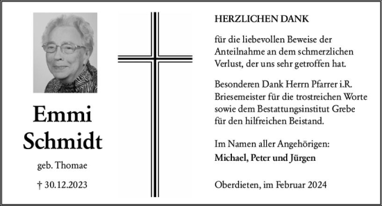 Traueranzeige von Emmi Schmidt von Hinterländer Anzeiger