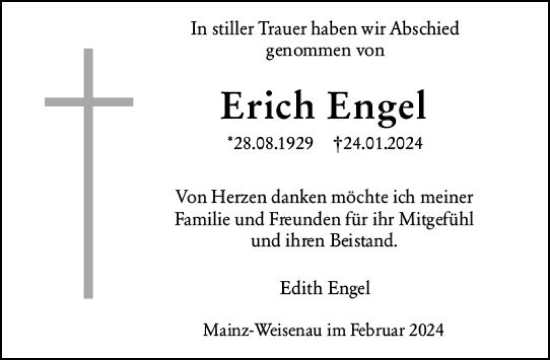 Traueranzeige von Erich Engel von Allgemeine Zeitung Mainz