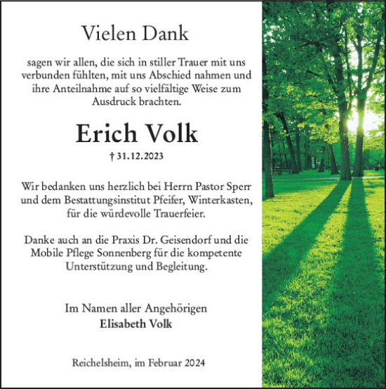 Traueranzeige von Erich Volk von Odenwälder Echo