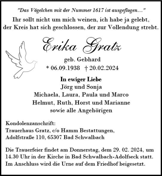 Traueranzeige von Erika Gratz von Idsteiner Land/Untertaunus