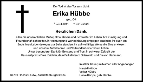 Traueranzeige von Erika Hübbe von Odenwälder Echo