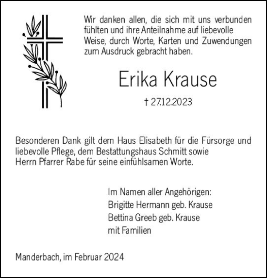 Traueranzeige von Erika Krause von Dill Block