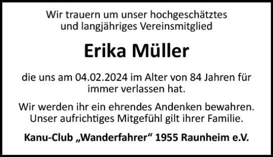 Traueranzeige von Erika Müller von Rüsselsheimer Echo