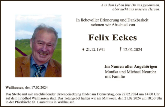 Traueranzeige von Felix Eckes von Allgemeine Zeitung Bad Kreuznach