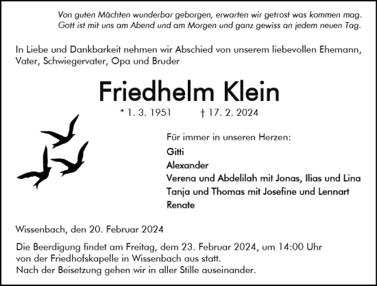 Traueranzeige von Friedhelm Klein von Dill Block