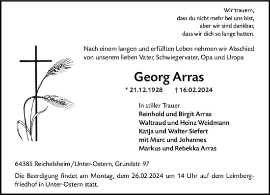 Traueranzeige von Georg Arras von Odenwälder Echo