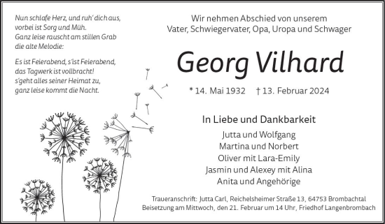 Traueranzeige von Georg Vilhard von Odenwälder Echo