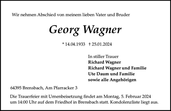 Traueranzeige von Georg Wagner von Odenwälder Echo