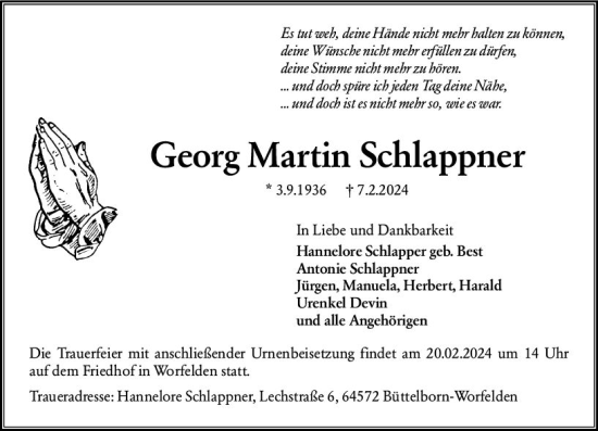 Traueranzeige von Georg Martin Schlappner von Groß-Gerauer Echo