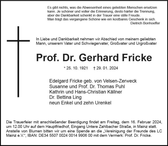 Traueranzeige von Gerhard Fricke von Allgemeine Zeitung Mainz