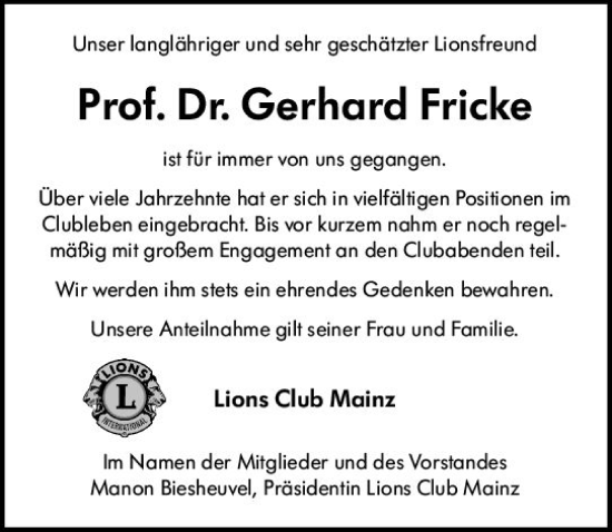 Traueranzeige von Gerhard Fricke von Allgemeine Zeitung Mainz