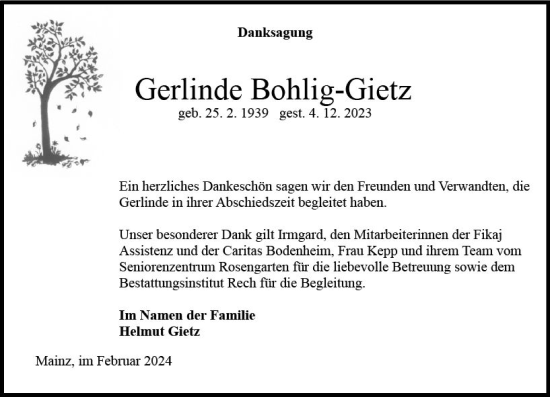 Traueranzeige von Gerlinde Bohlig-Gietz von Allgemeine Zeitung Mainz