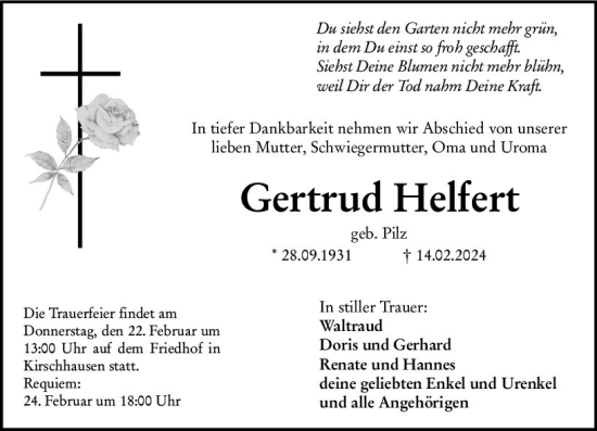 Traueranzeige von Gertrud Helfert von Starkenburger Echo
