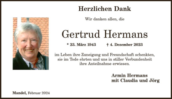 Traueranzeige von Gertrud Hermans von Allgemeine Zeitung Bad Kreuznach