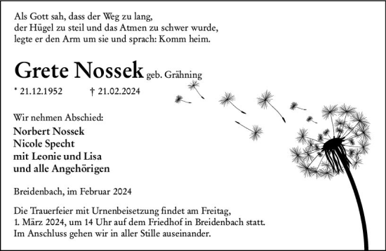 Traueranzeige von Grete Nossek von Hinterländer Anzeiger