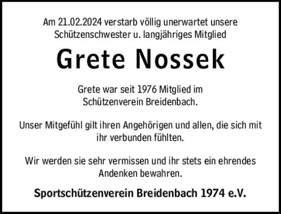 Traueranzeige von Grete Nossek von Hinterländer Anzeiger
