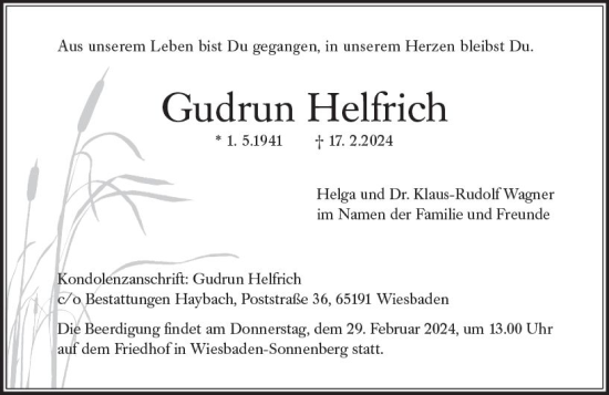 Traueranzeige von Gudrun Helfrich von Wiesbadener Kurier