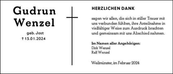 Traueranzeige von Gudrun Wenzel von Weilburger Tageblatt