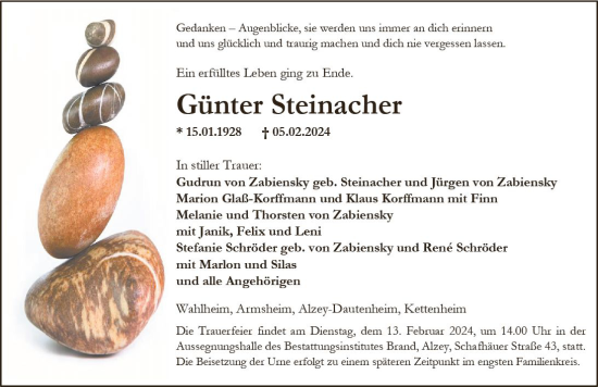 Traueranzeige von Günter Steinacher von Allgemeine Zeitung Alzey