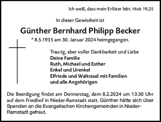 Traueranzeige von Günther Bernhard Philipp Becker von Darmstädter Echo