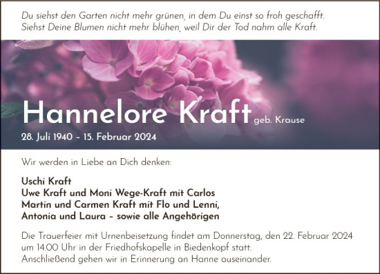 Traueranzeige von Hannelore Kraft von Hinterländer Anzeiger