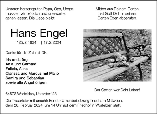 Traueranzeige von Hans Engel von Groß-Gerauer Echo