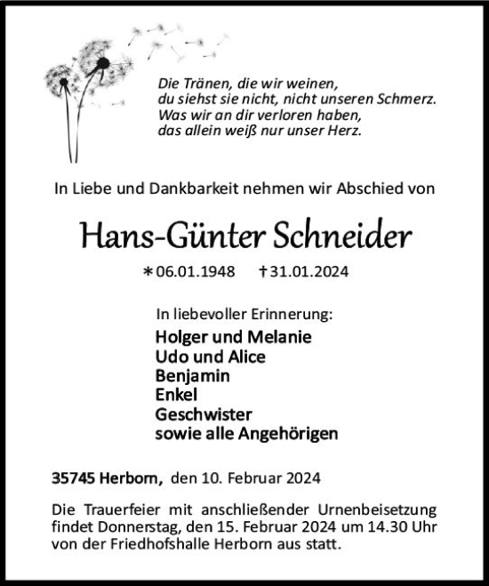 Traueranzeige von Hans-Günter Schneider von Dill Block
