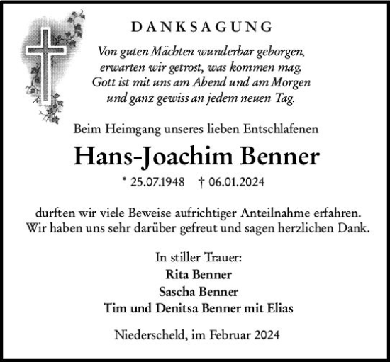 Traueranzeige von Hans-Joachim Benner von Dill Block
