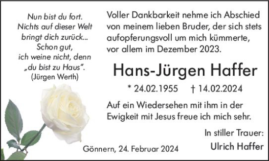 Traueranzeige von Hans-Jürgen Haffer von Hinterländer Anzeiger