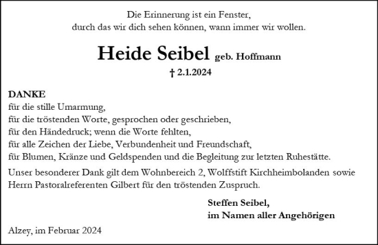 Traueranzeige von Heide Seibel von Allgemeine Zeitung Alzey