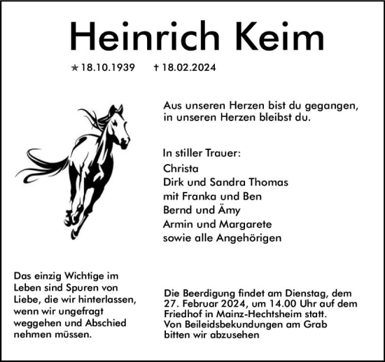 Traueranzeige von Heinrich Keim von Allgemeine Zeitung Mainz