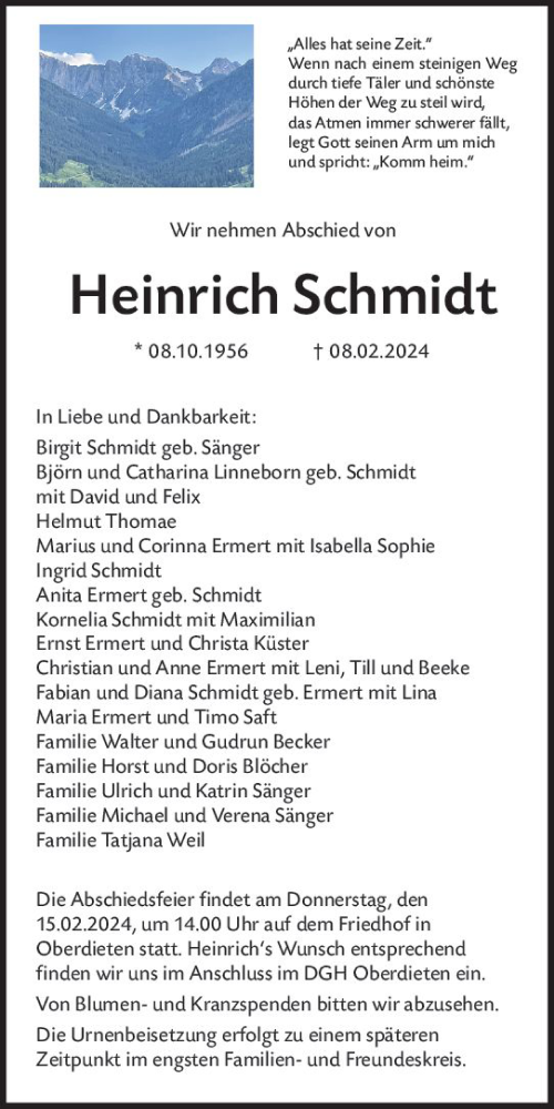 Traueranzeige von Heinrich Schmidt von Hinterländer Anzeiger