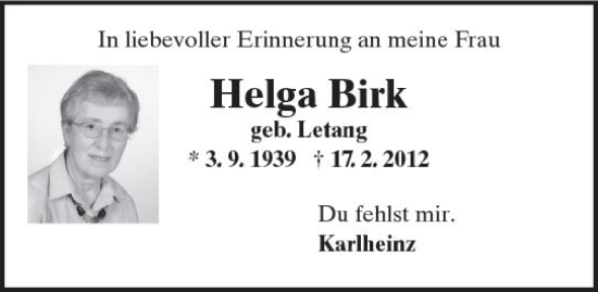 Traueranzeige von Helga Birk von Wiesbadener Kurier