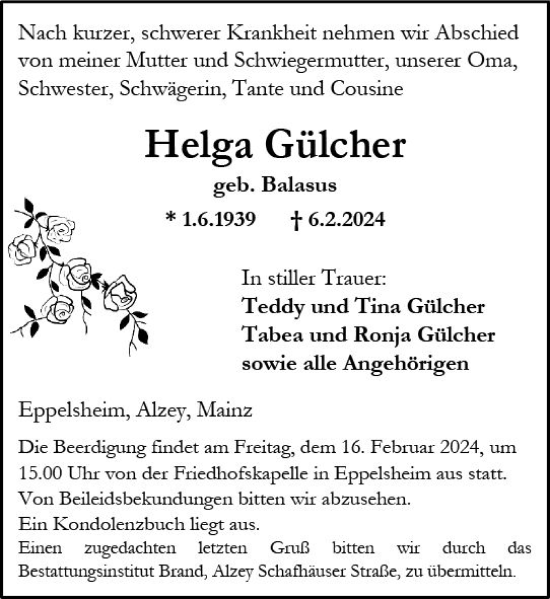 Traueranzeige von Helga Gülcher von Allgemeine Zeitung Alzey