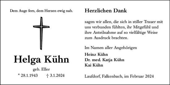 Traueranzeige von Helga Kühn von Weilburger Tageblatt