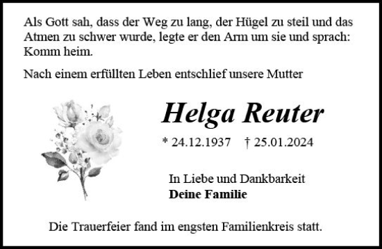 Traueranzeige von Helga Reuter von Allgemeine Zeitung Mainz