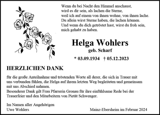 Traueranzeige von Helga Wohlers von Allgemeine Zeitung Mainz