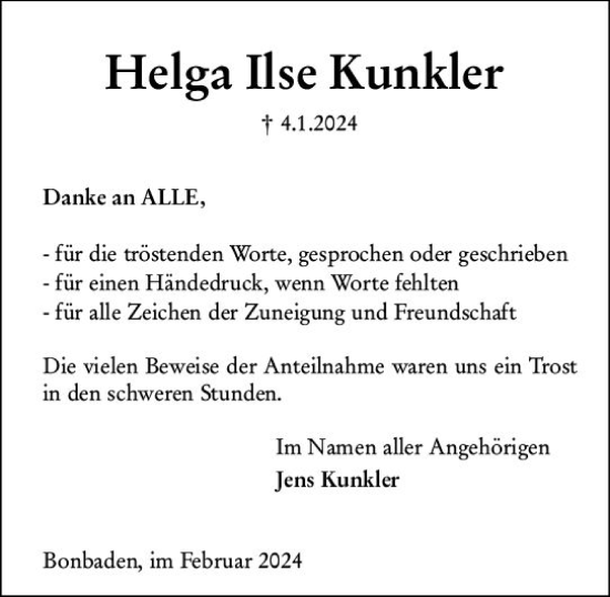 Traueranzeige von Helga Ilse Kunkler von Wetzlarer Neue Zeitung