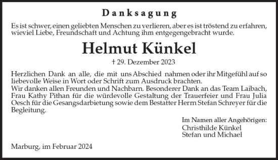 Traueranzeige von Helmut Künkel von Hinterländer Anzeiger