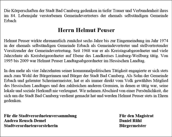 Traueranzeige von Helmut Peuser von Camberger Anzeiger