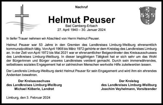Traueranzeige von Helmut Peuser von Weilburger Tageblatt