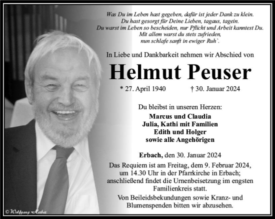Traueranzeige von Helmut Peuser von Camberger Anzeiger