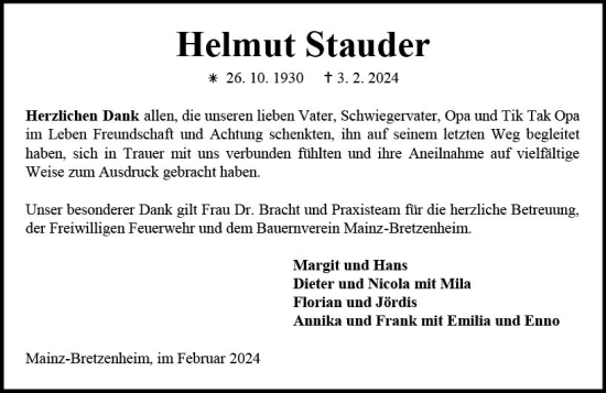 Traueranzeige von Helmut Stauder von Allgemeine Zeitung Mainz