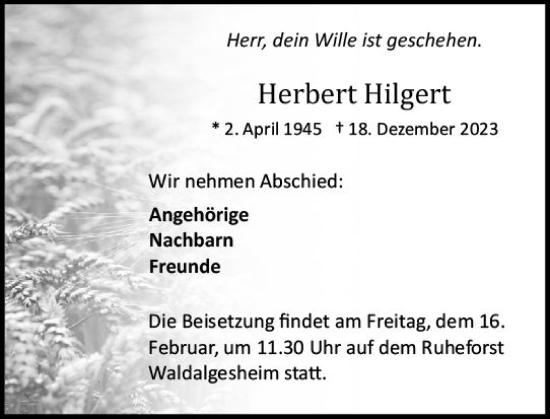 Traueranzeige von Herbert Hilgert von Allgemeine Zeitung Bingen/Ingelheim