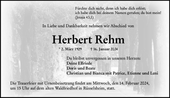 Traueranzeige von Herbert Rehm von Rüsselsheimer Echo