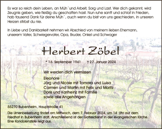 Traueranzeige von Herbert Zöbel von Allgemeine Zeitung Bingen/Ingelheim